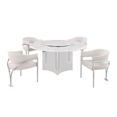 5pc Circle Marble Top With Lazy Susan and 4 Cream Chairs