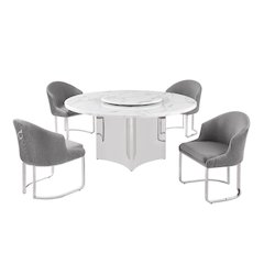5pc Circle Marble Top With Lazy Susan and 4 Rich Gray Chairs with Silver Base