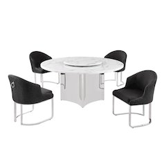 5pc Circle Marble Top With Lazy Susan and 4 Black with Silver Chairs