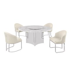 5pc Circle Marble Top With Lazy Susan and 4 Cream Chairs with Silver Base