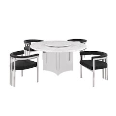 5pc Circle Marble Top With Lazy Susan and 4 Black Chairs
