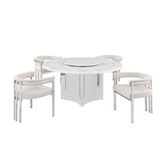 5pc Circle Marble Top With Lazy Susan and 4 Cream Chairs