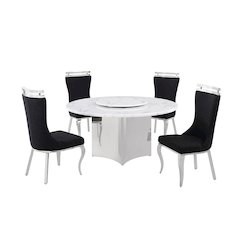 5pc Circle Marble Top With Lazy Susan and 4 Black with Silver Chairs