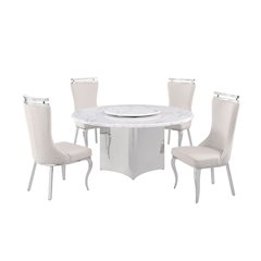 5pc Circle Marble Top With Lazy Susan and 4 Cream Chairs with Silver Base