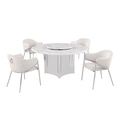 5pc Circle Marble Top With Lazy Susan and 4 Cream Chairs