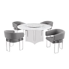 5pc Circle Marble Top With Lazy Susan and 4 Dark Gray Tri-Leg Desing Base