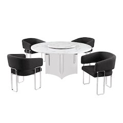 5pc Circle Marble Top With Lazy Susan and 4 Black Tri-Leg Desing Base