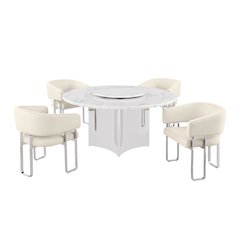 5pc Circle Marble Top With Lazy Susan and 4 Cream Tri-Leg Desing Base