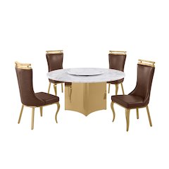 5pc Circle Marble Top Gold Base With Lazy Susan and 4 Mocha Chairs