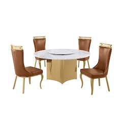 5pc Circle Marble Top Gold Base With Lazy Susan and 4 Toffee Chairs