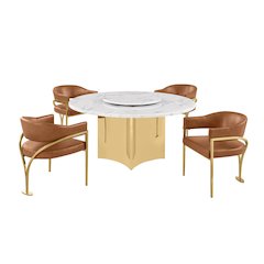5pc Circle Marble Top Gold Base With Lazy Susan and 4 Toffee Chairs