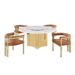 5pc Circle Marble Top Gold Base With Lazy Susan and 4 Toffee Chairs