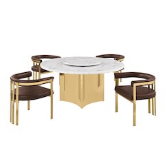 5pc Circle Marble Top Gold Base With Lazy Susan and 4 Espresso Chairs
