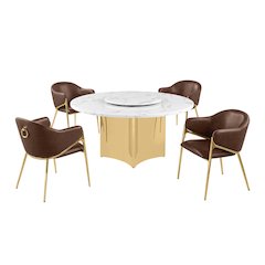 5pc Circle Marble Top Gold Base With Lazy Susan and 4 Mocha Chairs