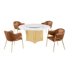 5pc Circle Marble Top Gold Base With Lazy Susan and 4 Toffee Chairs