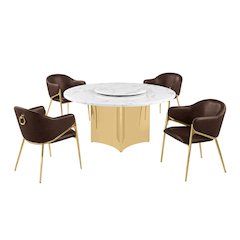 5pc Circle Marble Top Gold Base With Lazy Susan and 4 Espresso Chairs