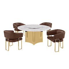 5pc Circle Marble Top With Lazy Susan and 4 Mocha Leatheraire Chair
