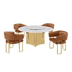 5pc Circle Marble Top With Lazy Susan and 4 Toffee Leatheraire Tri-Leg Chair