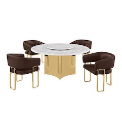 5pc Circle Marble Top With Lazy Susan and 4 Espresso Leatheraire Tri-Leg Chair