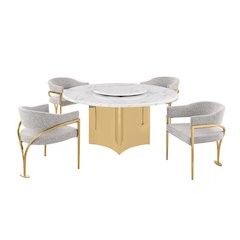 5pc Circle Marble Top Gold Base With Lazy Susan and 4 Rich Gray Chairs