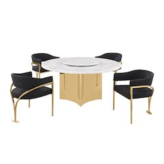 5pc Circle Marble Top Gold Base With Lazy Susan and 4 Black Chairs