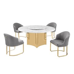 5pc Circle Marble Top With Lazy Susan and 4 Rich Gray Chairs with Gold Base