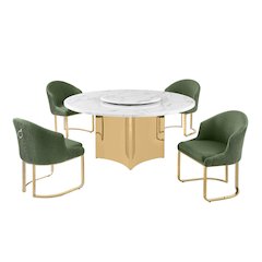 5pc Circle Marble Top With Lazy Susan and 4 Gray Chairs with Gold Base