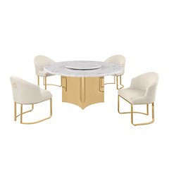 5pc Circle Marble Top With Lazy Susan and 4 Cream Chairs with Gold Base