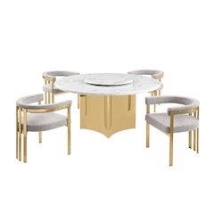 5pc Circle Marble Top Gold Base With Lazy Susan and 4 Rich Gray Chairs