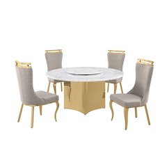 5pc Circle Marble Top With Lazy Susan and 4 Gray Chairs with Gold Base