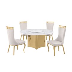 5pc Circle Marble Top With Lazy Susan and 4 Cream Chairs with Gold Base