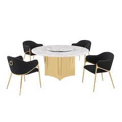 5pc Circle Marble Top With Lazy Susan and 4 Black with Gold Base Chairs