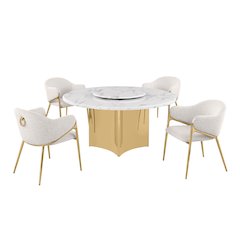 5pc Circle Marble Top With Lazy Susan and 4 Cream Chairs with Gold Base
