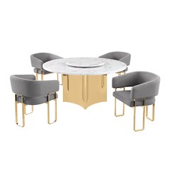 5pc Circle Marble Top With Lazy Susan and 4 Dark Gray Tri-Leg Desing Gold Base