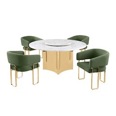 5pc Circle Marble Top With Lazy Susan and 4 Gray Tri-Leg Desing Gold Base