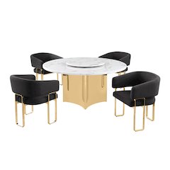 5pc Circle Marble Top With Lazy Susan and 4 Black Tri-Leg Desing Gold Base