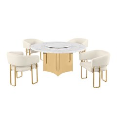5pc Circle Marble Top With Lazy Susan and 4 Cream Tri-Leg Desing Gold Base
