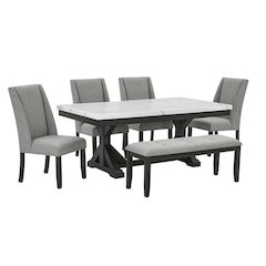 6Pc Fuax Marble Top Dining Set With 4 Gray Side Chairs And A Matching Bench