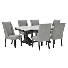 7Pc Fuax Marble Top Dining Set With 6 Gray Side Chairs