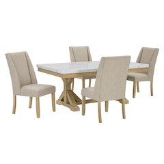 5Pc Fuax Marble Top Dining Set With 4 Beige Side Chairs