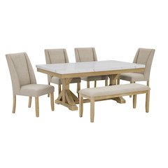6Pc Fuax Marble Top Dining Set With 4 Beige Side Chairs And A Matching Bench