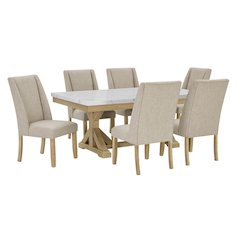 7Pc Fuax Marble Top Dining Set With 6 Beige Side Chairs