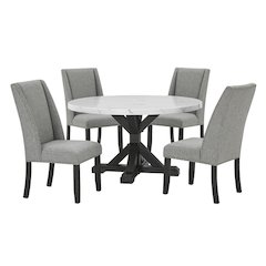 5Pc Faux Marble Table With 4 Rustic Gray Fabric Side Chairs