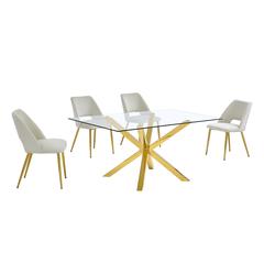 5pc modern glass dining table with 4 Cream side chairs