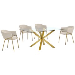 5Pc Rectangle Tempered Glass Dining Table With 4 Beige Side Chairs
