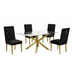 Contemporary 5pc Dining Set, Glass Dining Table w/Stainless Steel Gold Base & Velvet Tufted Chrome Leg Dining Chairs, Black