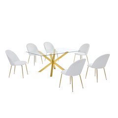 Rectangular dining table with 6 White faux leather side chairs (7 Piece)