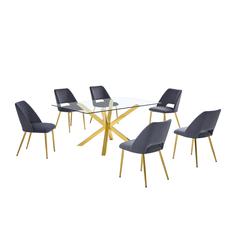 7pc modern glass dining table with 6 Dark grey side chairs