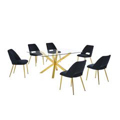 7pc modern glass dining table with 6 Black side chairs