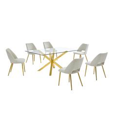 7pc modern glass dining table with 6 Cream side chairs